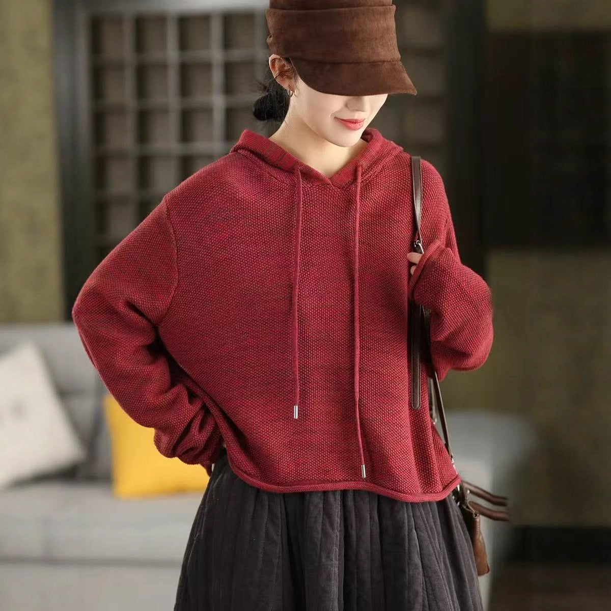 Spring Retro Cotton Knitted Solid Color Loose Casual Hoodies