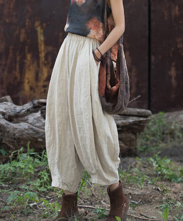 Vintage Ramie Sand-Washed Distressed Patchwork Casual Pumpkin Pants