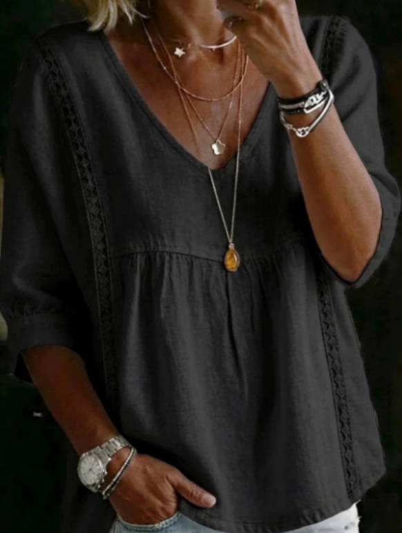 Spring Linen Solid Color V-neck Casual 3/4 Sleeve top