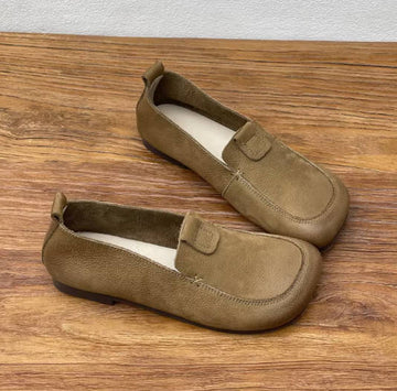 Vintage Genuine Leather Square Toe Soft Sole Slip-ons
