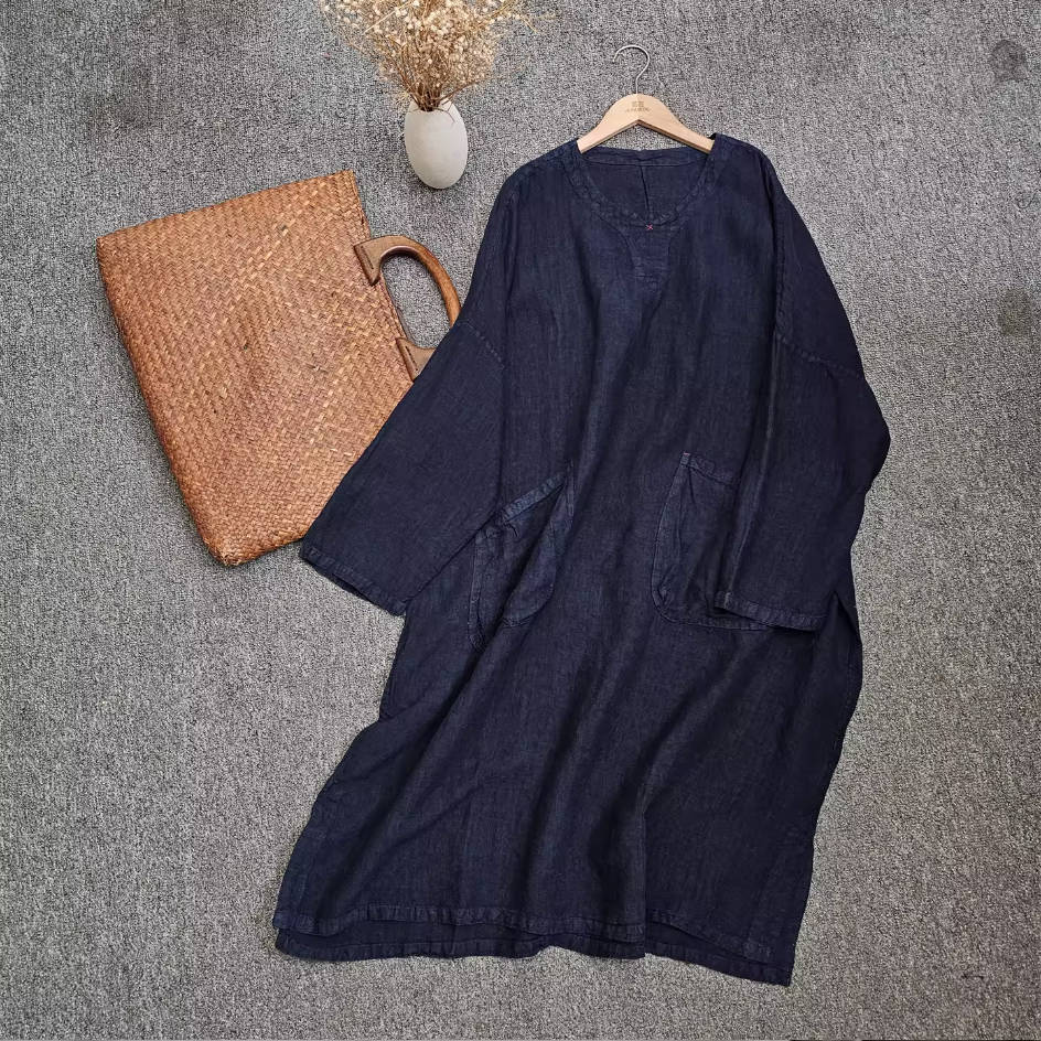Spring Linen Round Neck Solid Color Loose Sleeves Long Tops