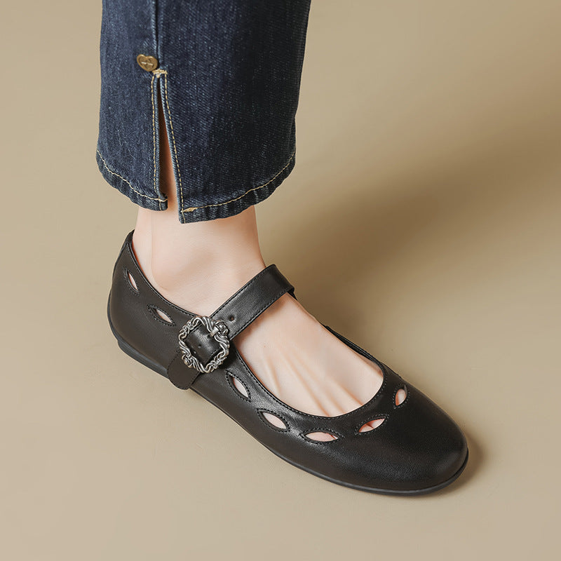 Sheepskin Leather Round Toe Hallow One Straped Soft Flat Shoes