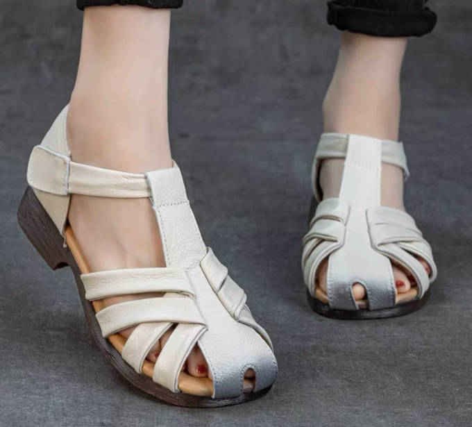Vintage Leather Round Toe Slip On Comfortable Versatile Loafers Sandals