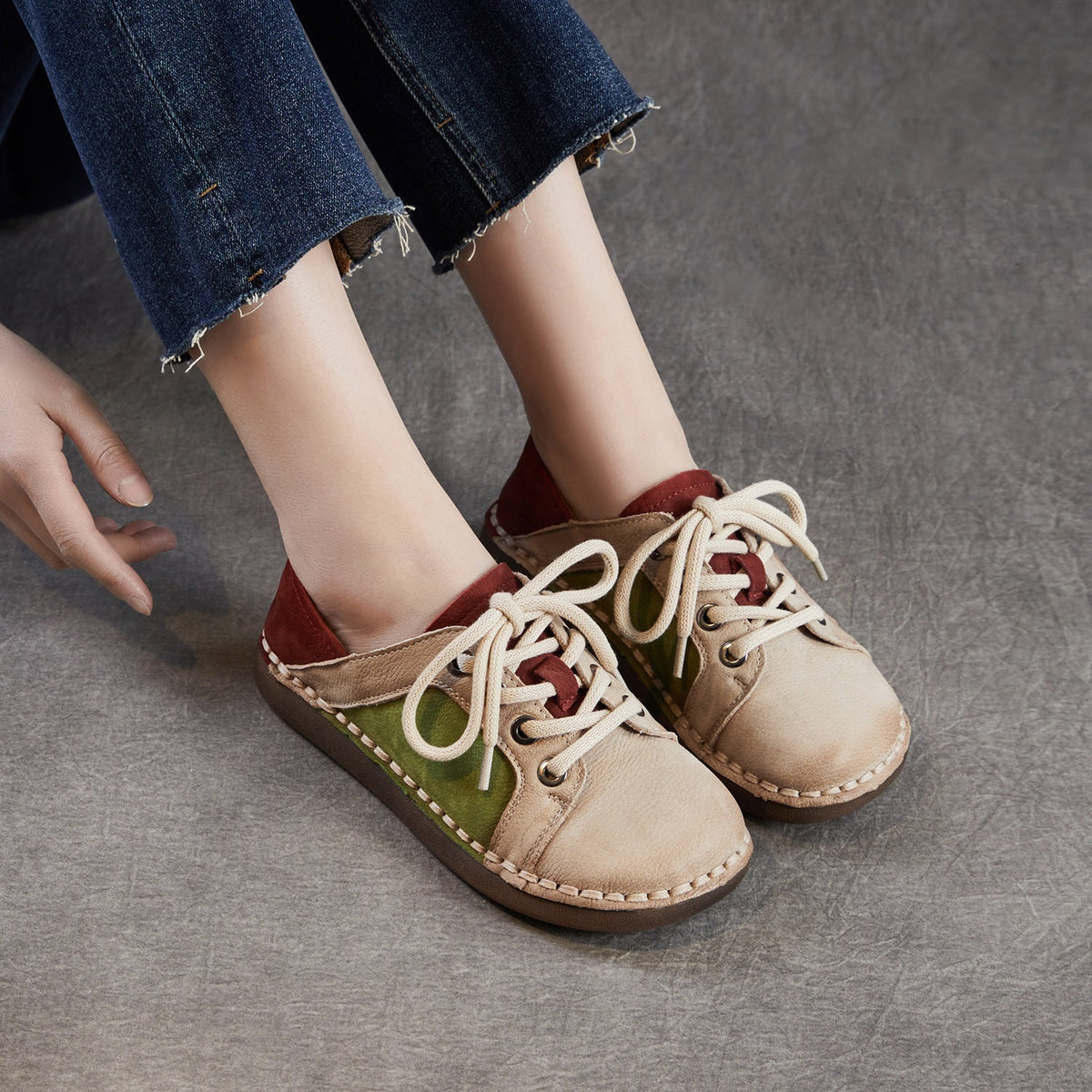 Genuine Top Leather Patchwork Casual Comfy Flat Sole Shoes