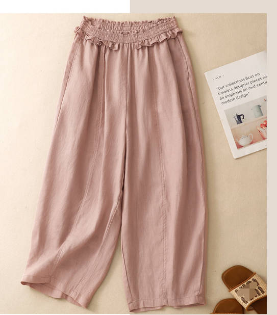Spring Casual Cotton Ruffled Elastic Waist Straight-Leg Pants