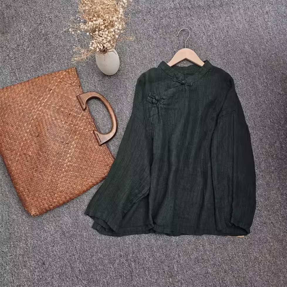 Solid Color Retro Linen Stand Collar Frog Button Versatile Tops
