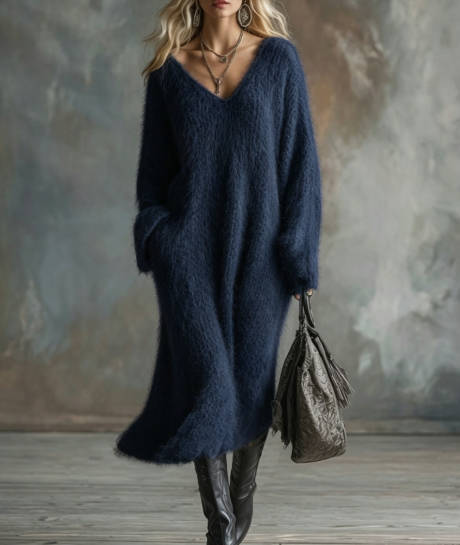 Vintage Women Long Sleeve V-Neck Loose Knit Sweater Dress