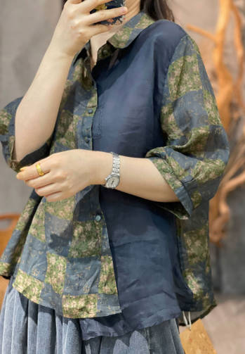 Vintage Casual Ramie Patchwork Short Sleeve Turn Down Collar Top
