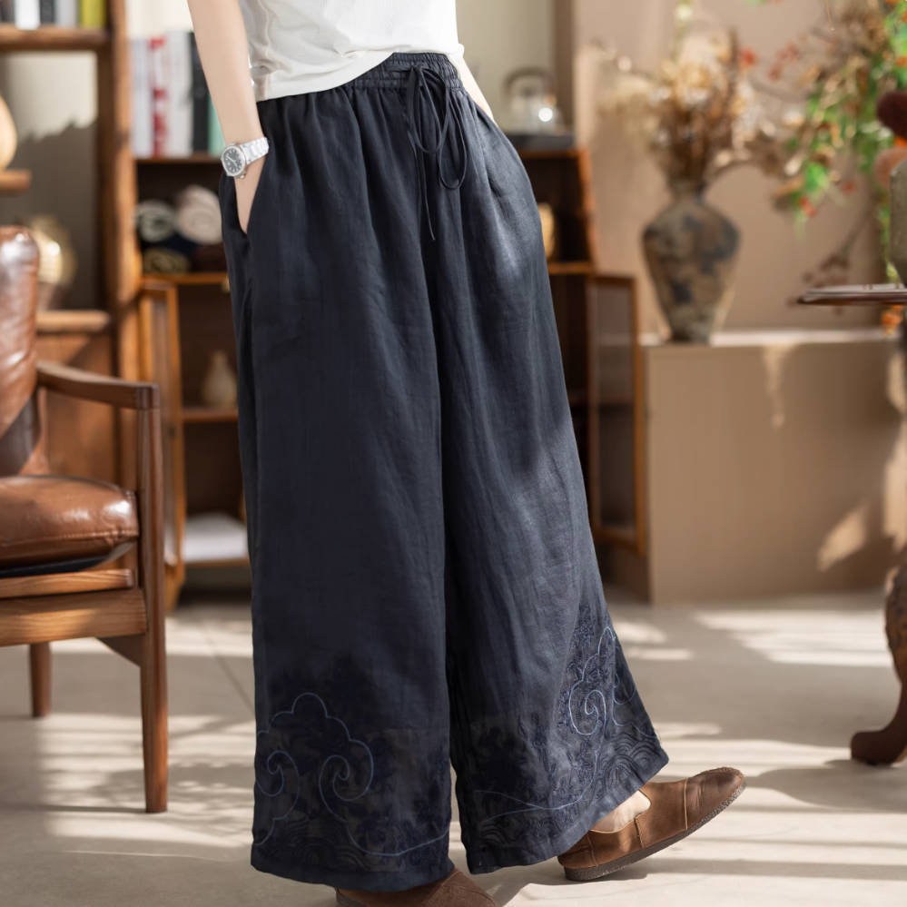 Spring Ramie Loose Embroidered Elastic Waist Lace-Up Pants