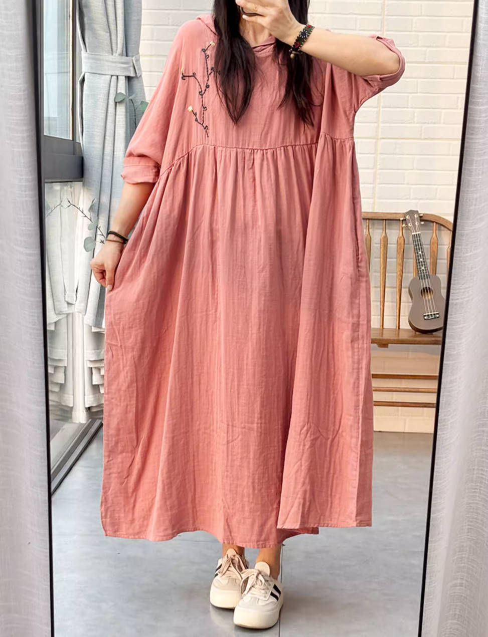Retro Cotton Embroidered Plus Size Loose Hoodies Dress With Pockets