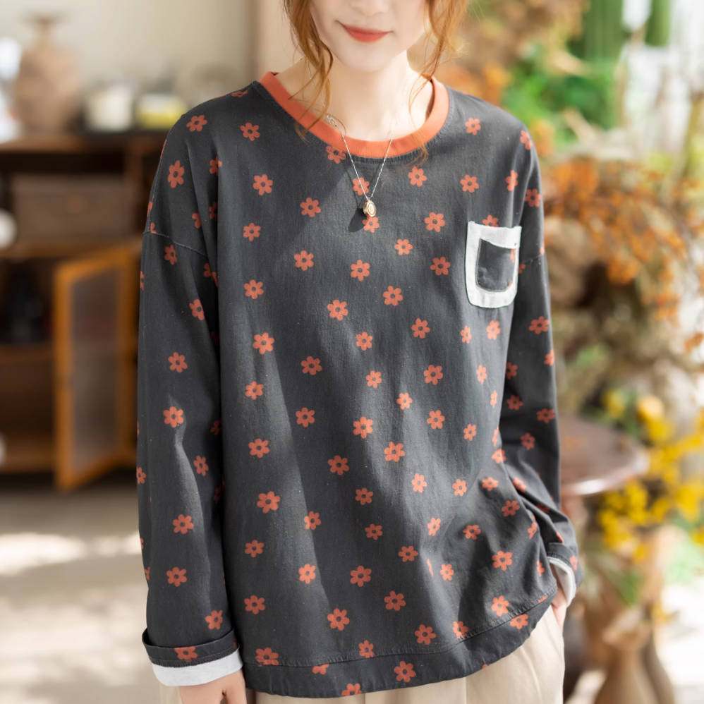 Spring Cotton Linen Patchwork Round Neck Floral Printed Loose Tops