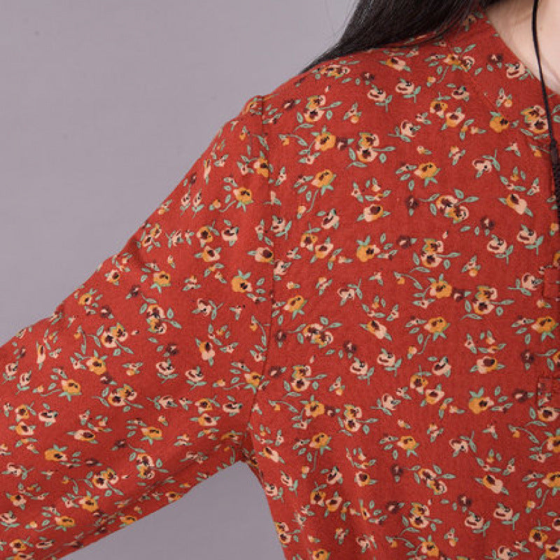 Retro Linen Stand Collar Floral Printed Casual A-Line Dress