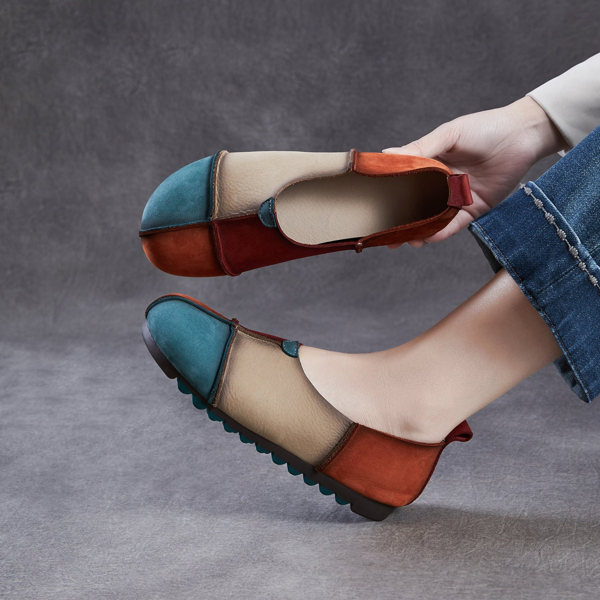Genuine Leather Patchwork Shallow Casual Soft Sole Flat Shoes