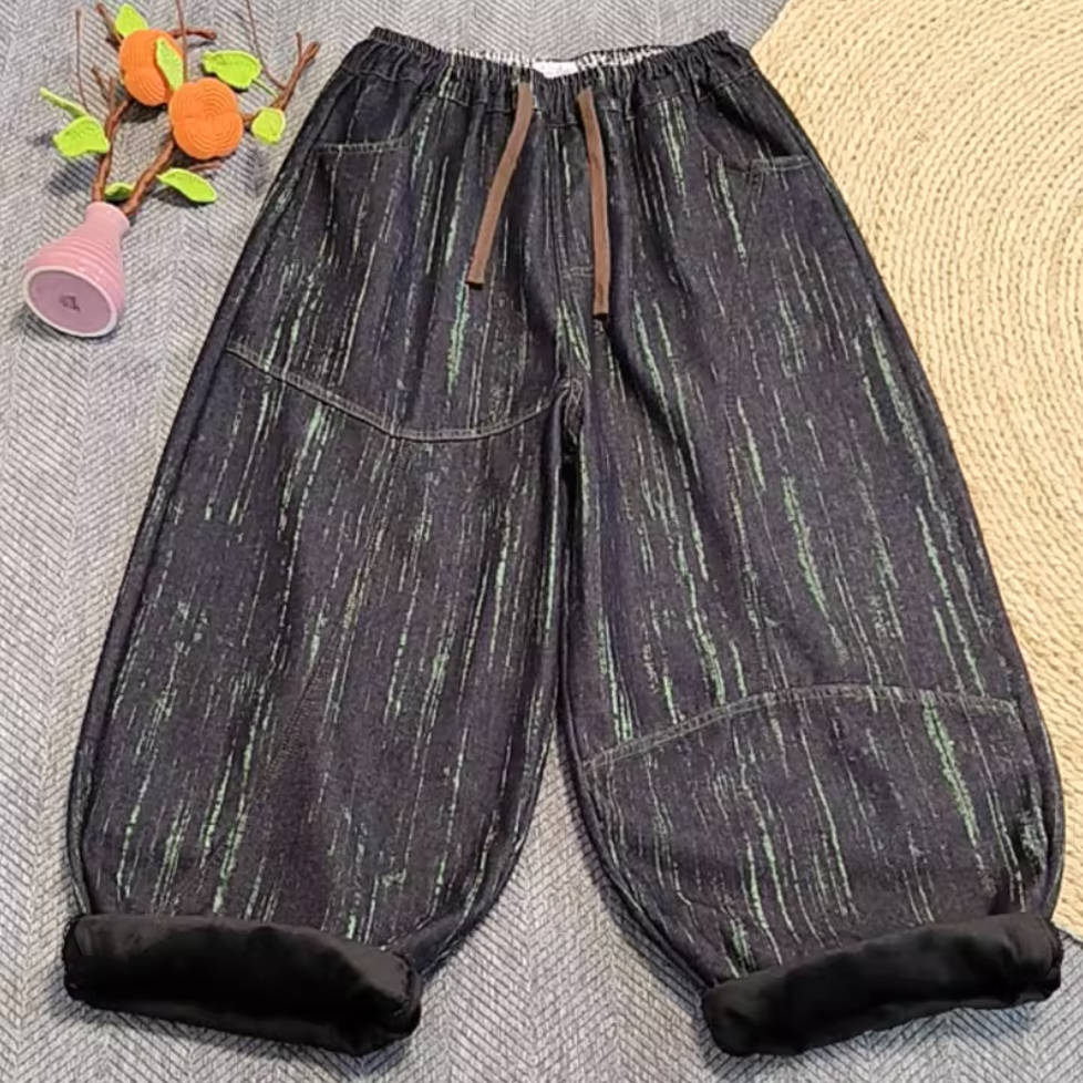 Retro Denim Striped Printed Stylish Plush Warm Harem Pants