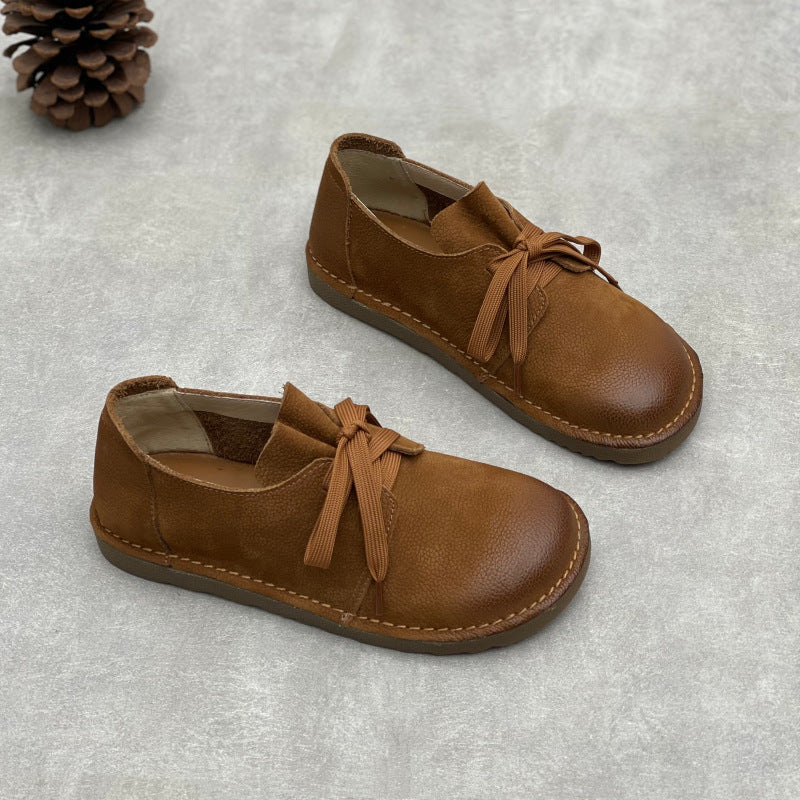 Simple Versatile Genuine Leather Lace-Up Light Soft Sole Flats