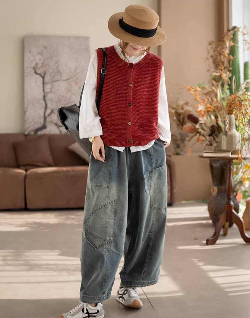Retro Spring Denim Washed Wide Leg Loose Elastic Waist Casual Jeans