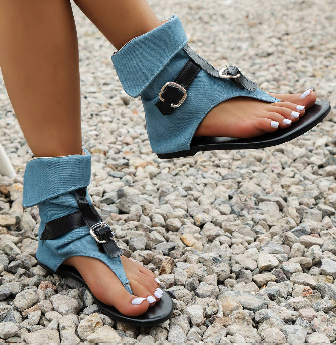 Retro Open Toe Denim Belt Buckle High Shaft Soft Sole Flat Sandals
