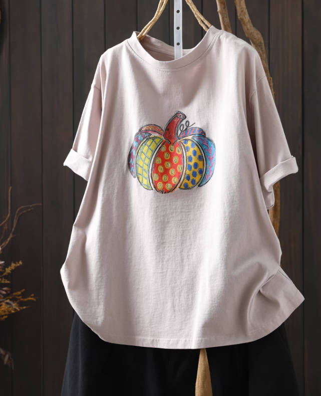 Spring Cotton Casual Pumpkin Short Sleeve Round Neck T-Shirts