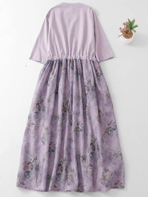 Retro Women Ramie Round Neck Loose Patchwork Printed Long Dress