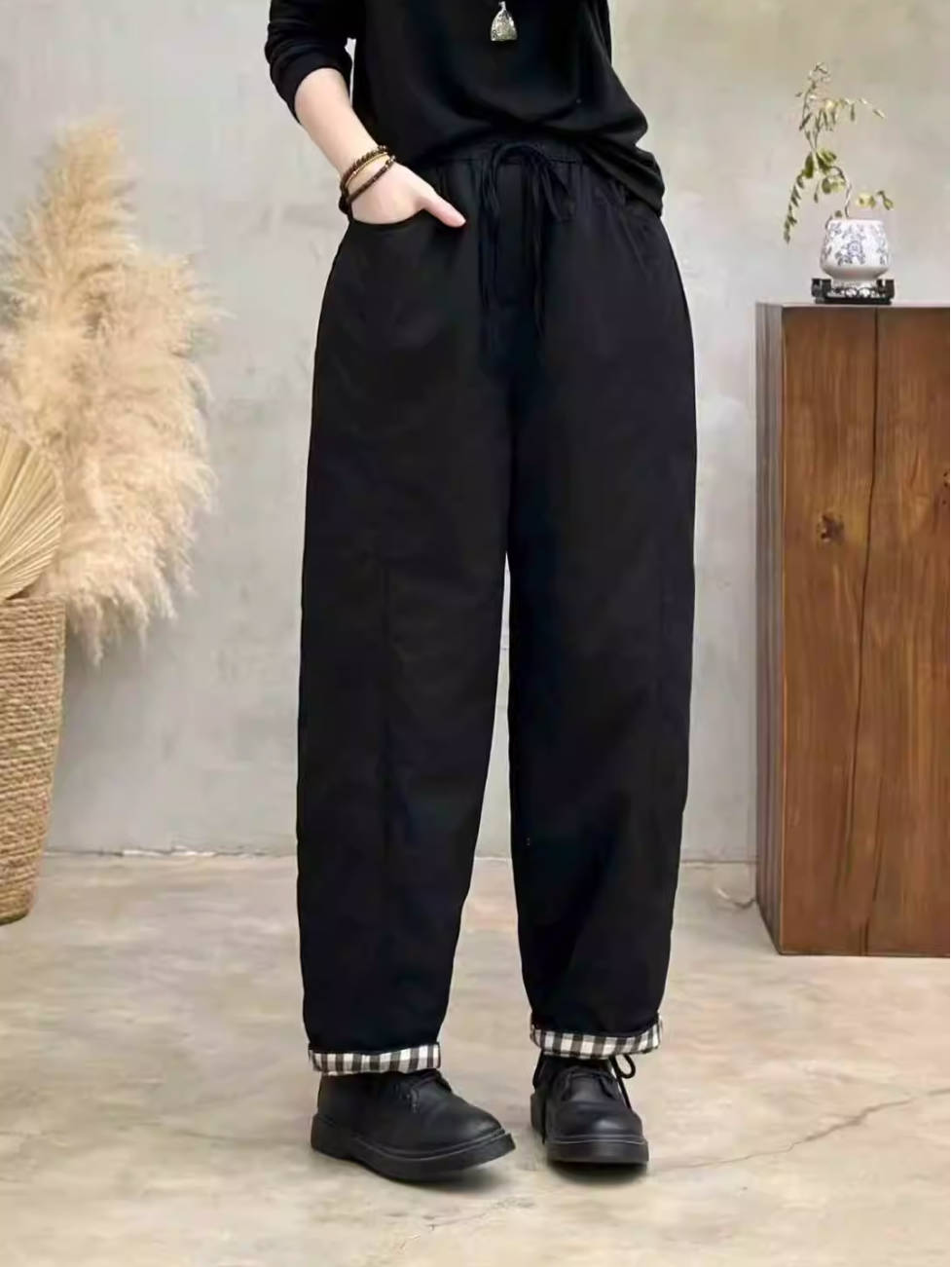 Winter Cotton Retro Double-Face Plaid Lace-Up Harem Pants