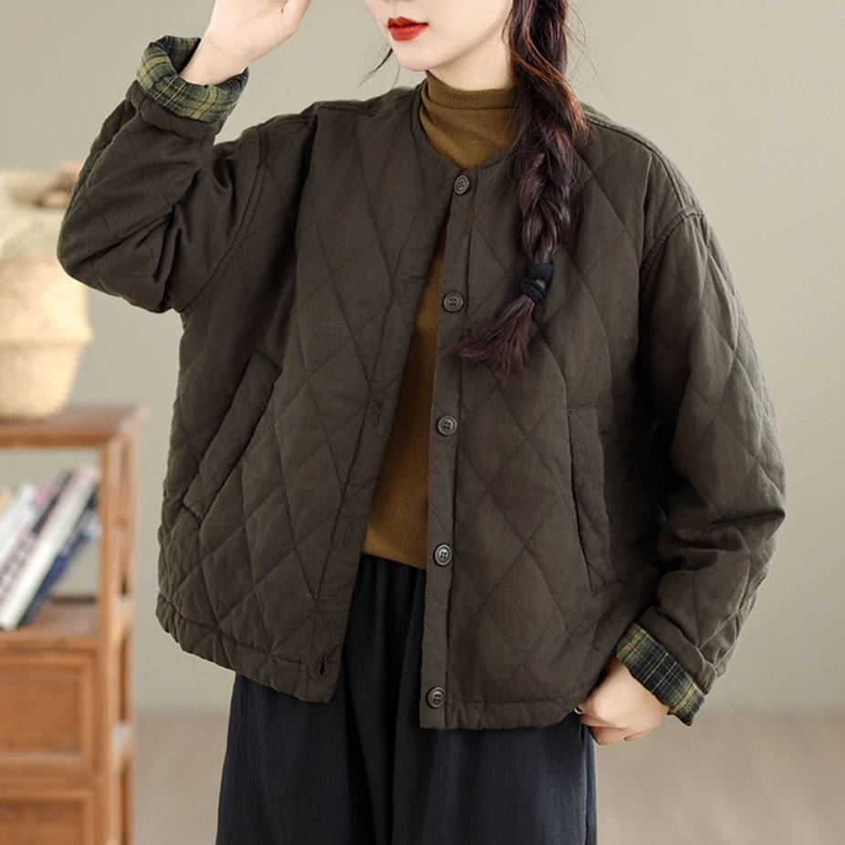Retro Winter Warm Round Neck Single-Breasted Cotton-In Coat