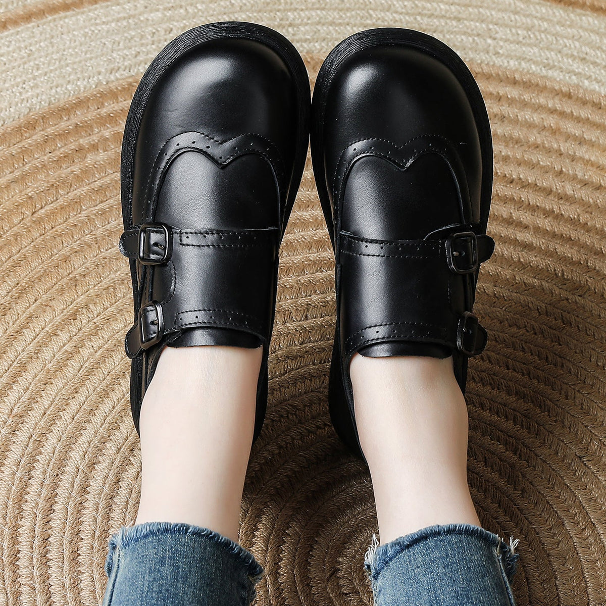 Spring Top Leather Retro Straped Casual Soft Sole Versatile Slip-On Shoes