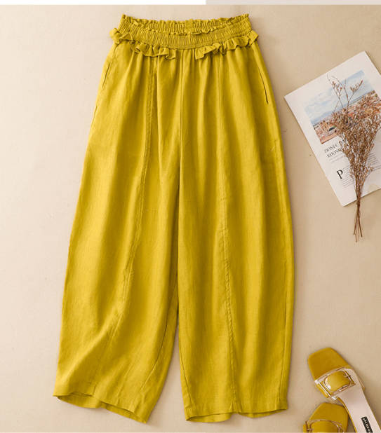 Spring Casual Cotton Ruffled Elastic Waist Straight-Leg Pants