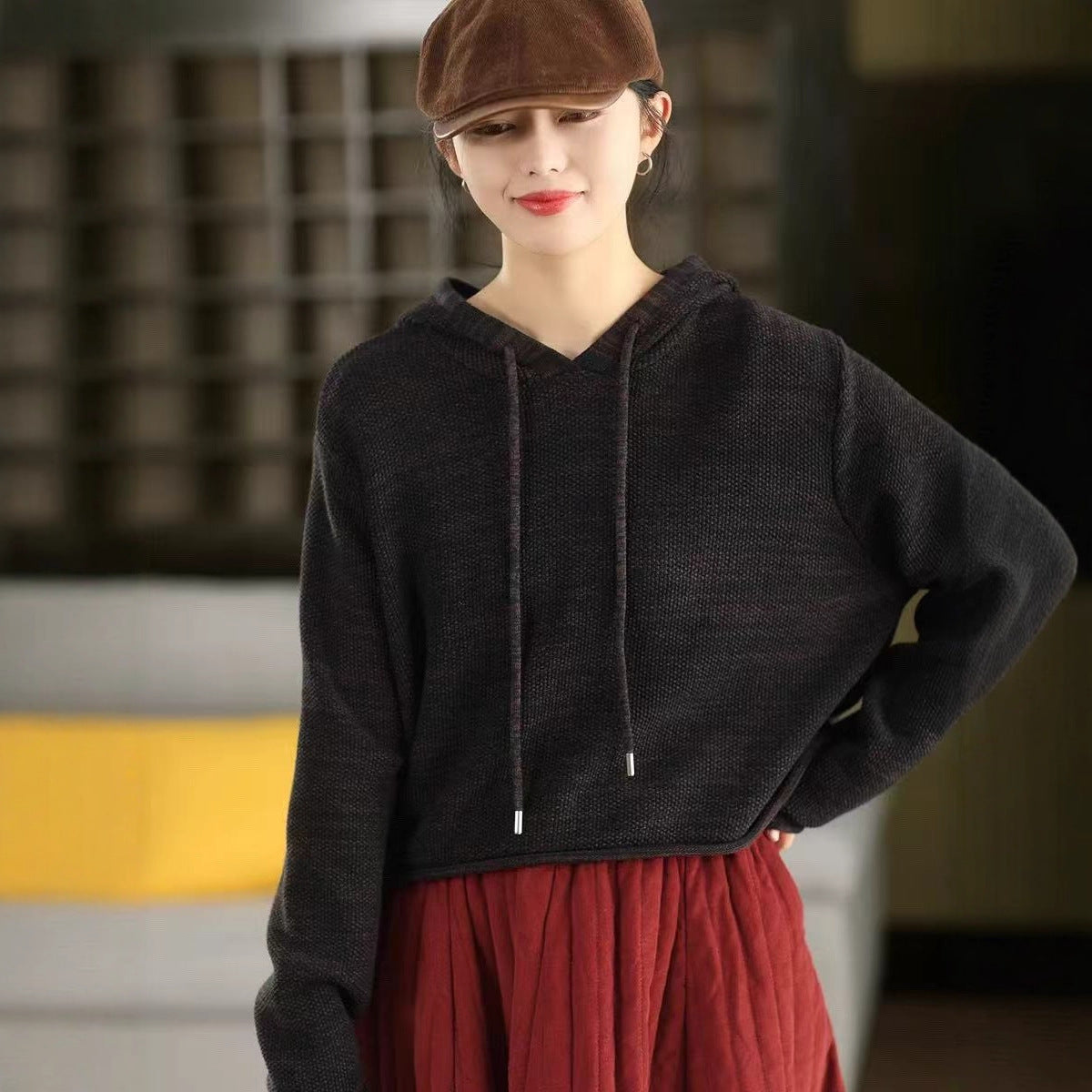 Spring Retro Cotton Knitted Solid Color Loose Casual Hoodies