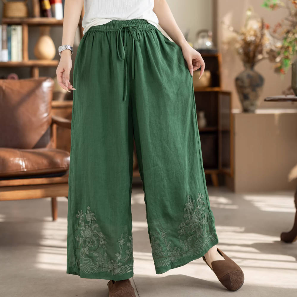Spring Ramie Loose Embroidered Elastic Waist Lace-Up Pants