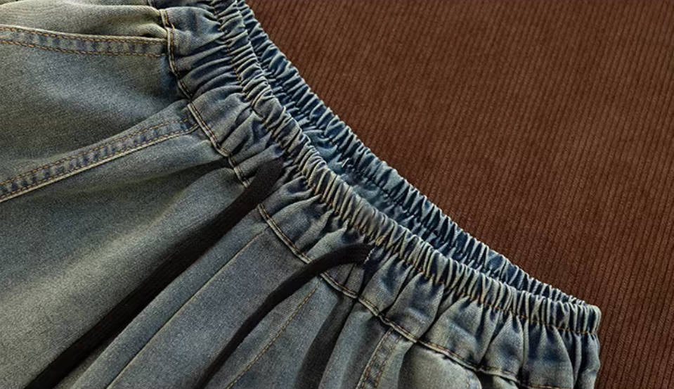 Retro Spring Denim Washed Wide Leg Loose Elastic Waist Casual Jeans