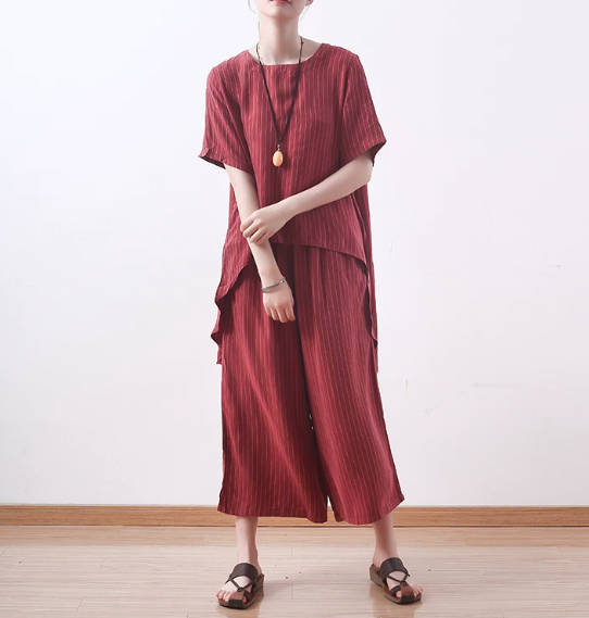 Simple Cupro Silk Striped Slimming Loose Irregular Casual Shirt Cropped Wide-Leg Pants Set