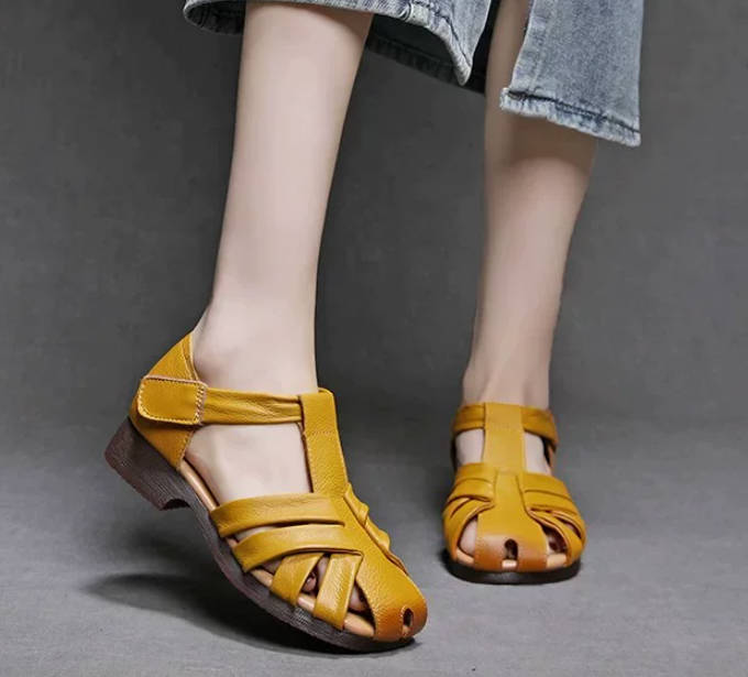 Vintage Leather Round Toe Slip On Comfortable Versatile Loafers Sandals