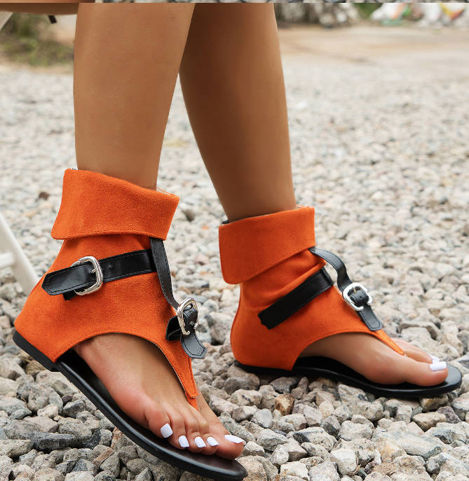 Retro Open Toe Denim Belt Buckle High Shaft Soft Sole Flat Sandals