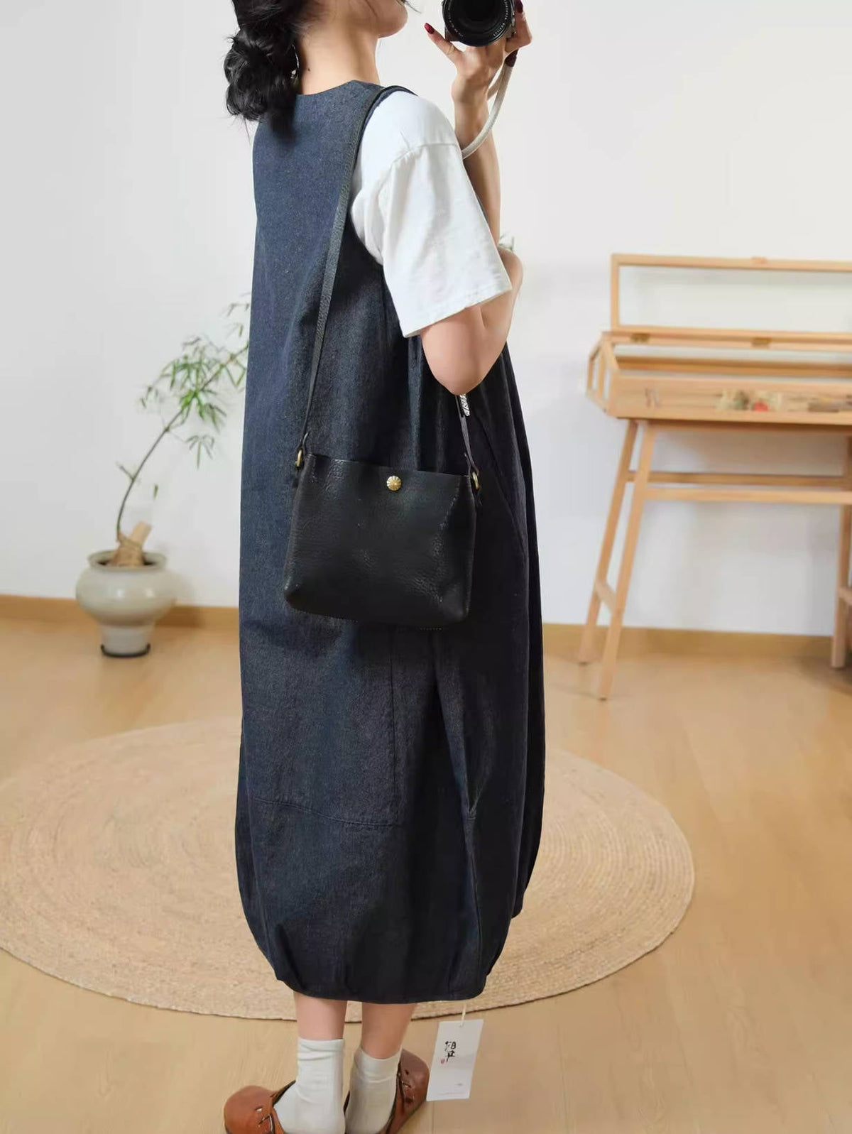 Summer Retro Denim Blue Round Neck Sleeveless Loose Pocket Dress