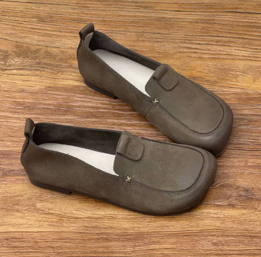 Vintage Genuine Leather Square Toe Soft Sole Slip-ons