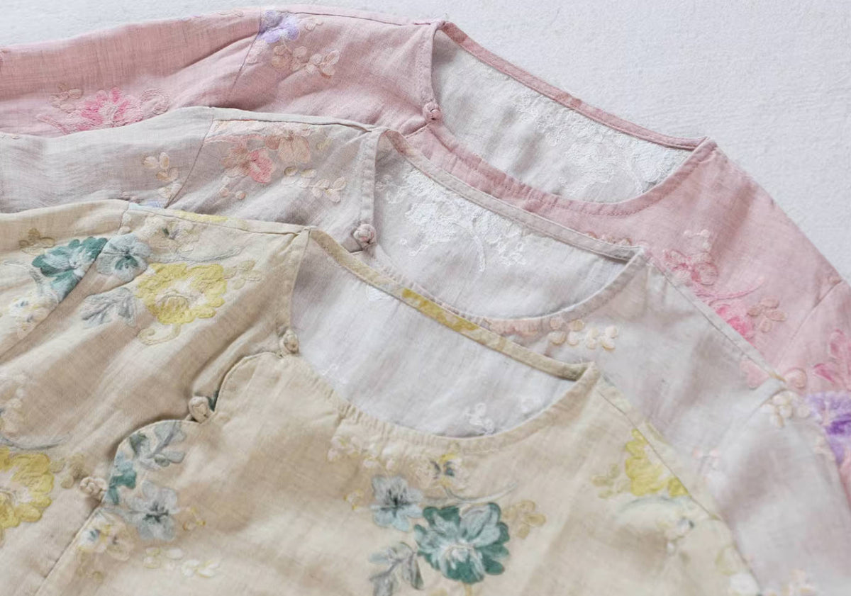 Spring Linen Round Neck Retro Embroidered Lace-Up Tops