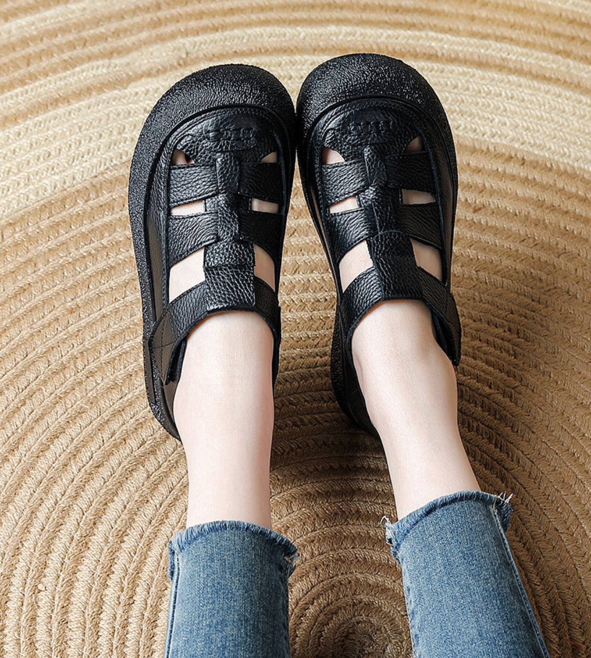 Leather Round Toe Cut Out Wide Feet Velcro Soft Sole Flat Shoes
