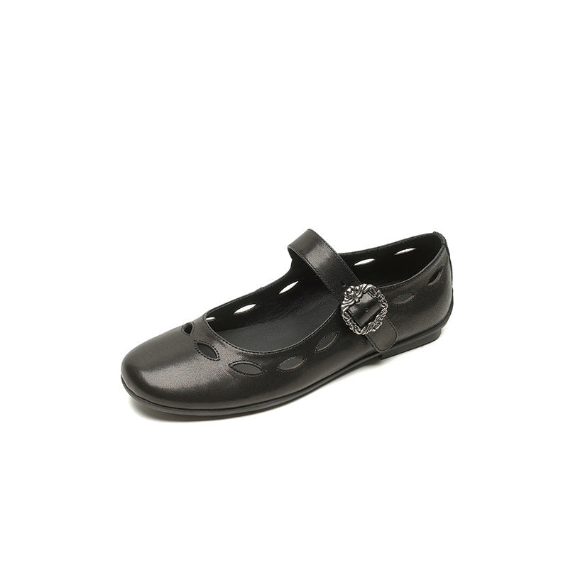 Sheepskin Leather Round Toe Hallow One Straped Soft Flat Shoes