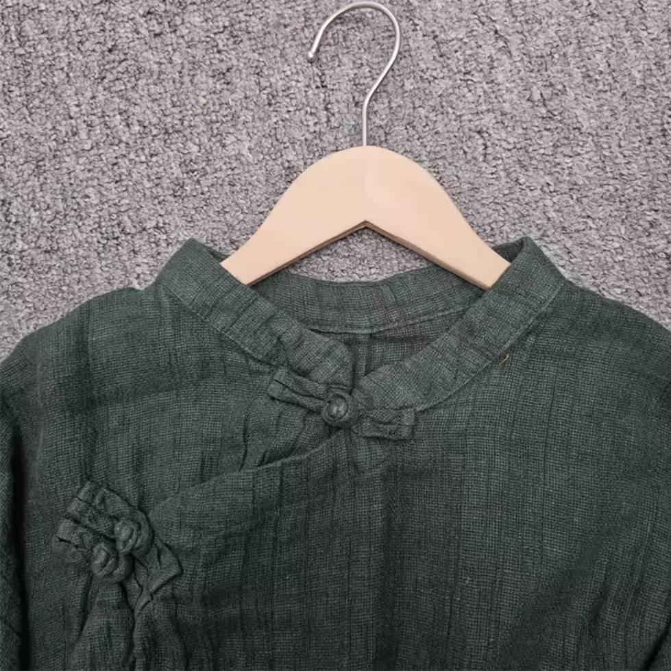 Solid Color Retro Linen Stand Collar Frog Button Versatile Tops