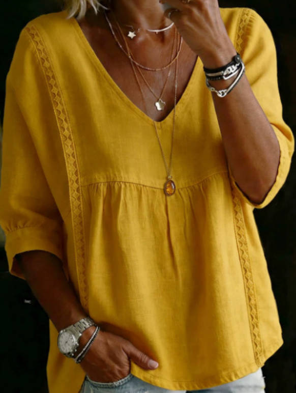 Spring Linen Solid Color V-neck Casual 3/4 Sleeve top