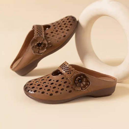 Retro Summer Leather Hollow Out Closed Toe Soft Flat Sole Sandals