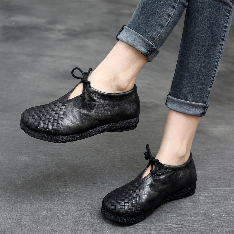 Retro Leather Woven Square Toe Lace-Up Everyday Comfy Flats