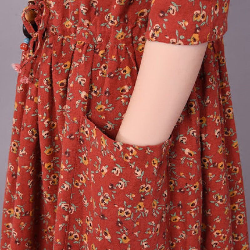 Retro Linen Stand Collar Floral Printed Casual A-Line Dress