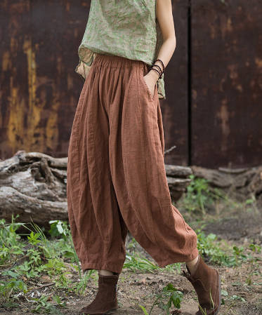 Vintage Ramie Sand-Washed Distressed Patchwork Casual Pumpkin Pants