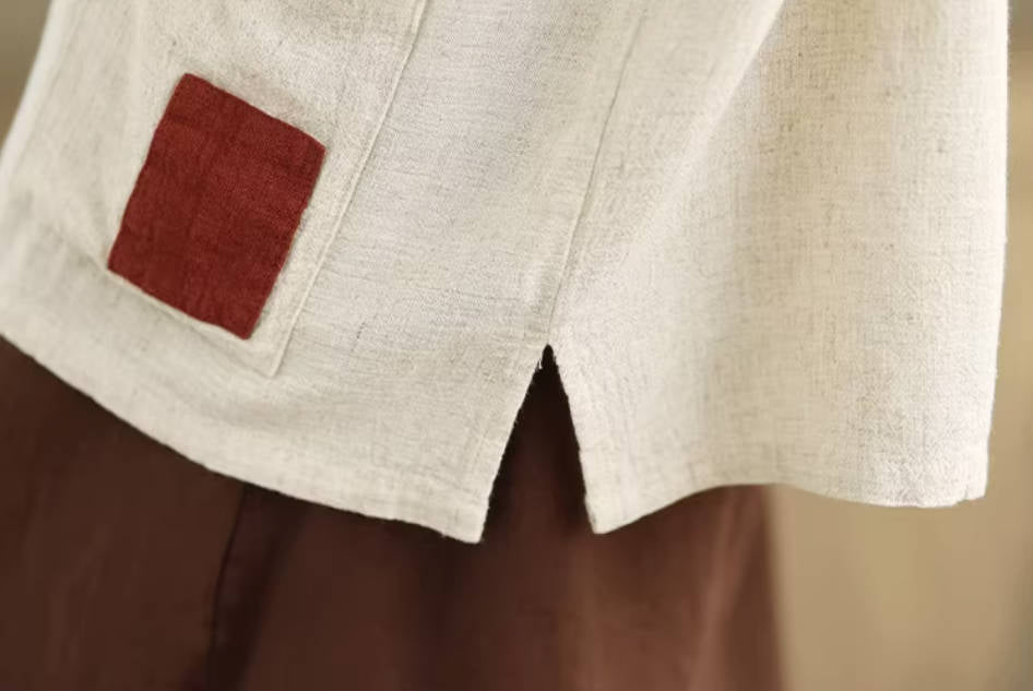 Round Neck Linen Loose Pocket Patchwork Breathable Tops