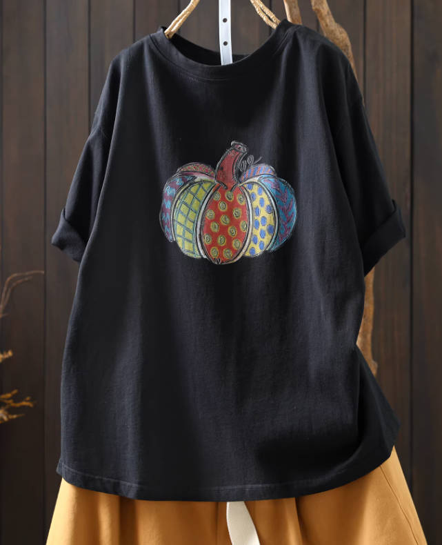 Spring Cotton Casual Pumpkin Short Sleeve Round Neck T-Shirts
