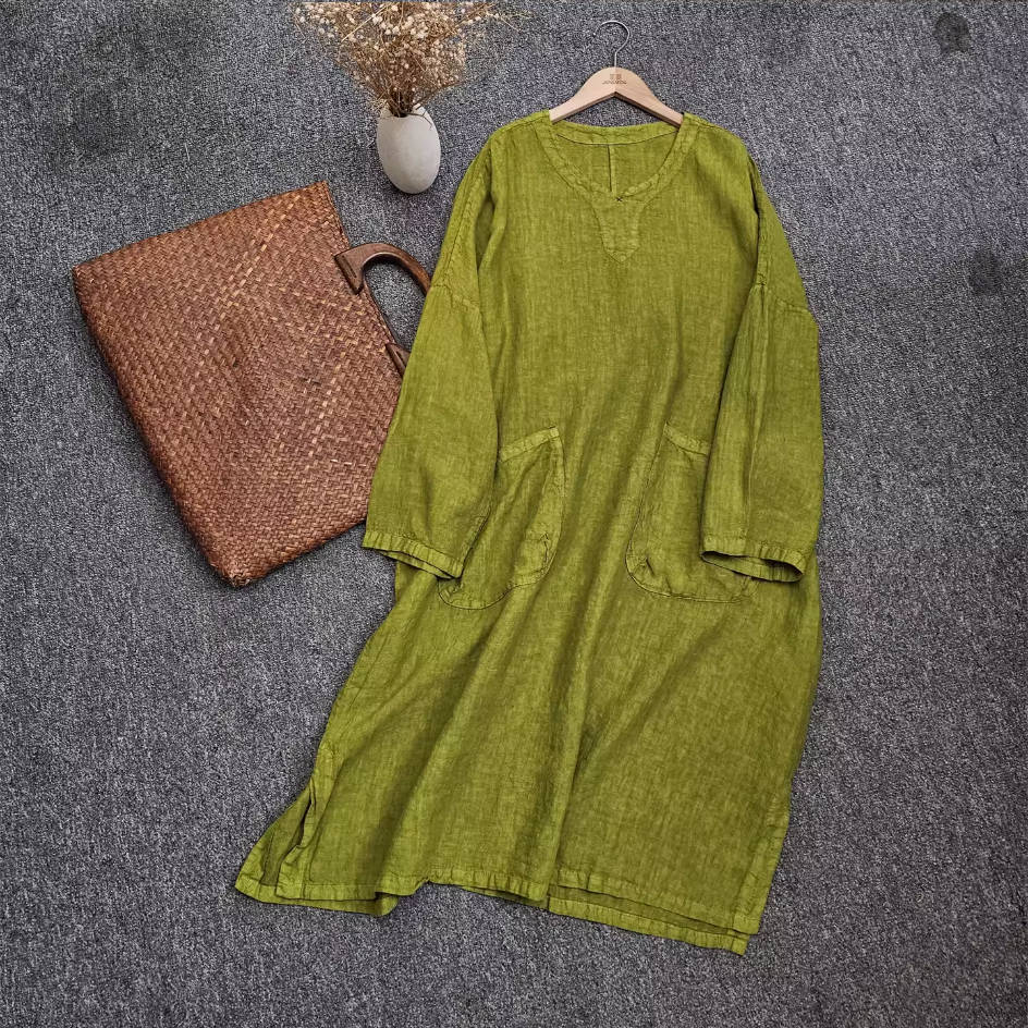 Spring Linen Round Neck Solid Color Loose Sleeves Long Tops