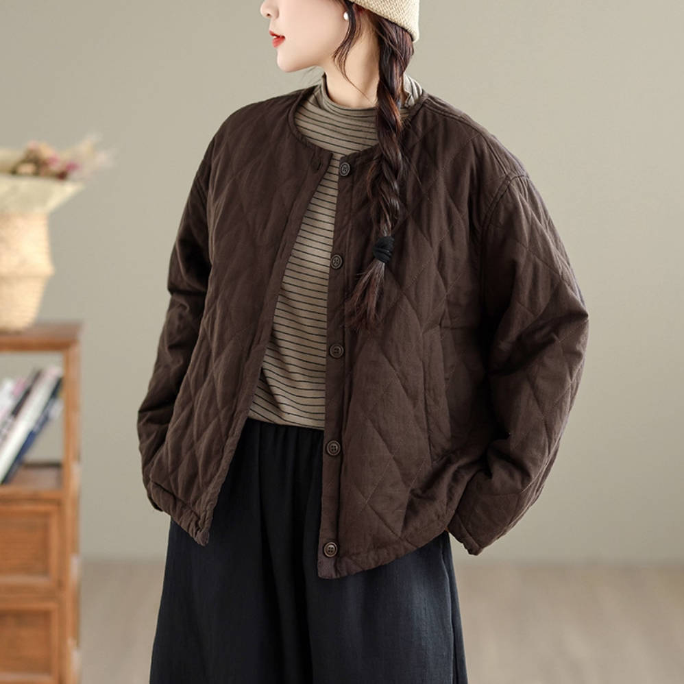 Retro Winter Warm Round Neck Single-Breasted Cotton-In Coat
