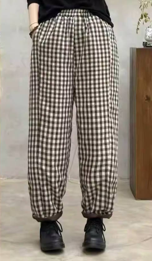 Winter Cotton Retro Double-Face Plaid Lace-Up Harem Pants
