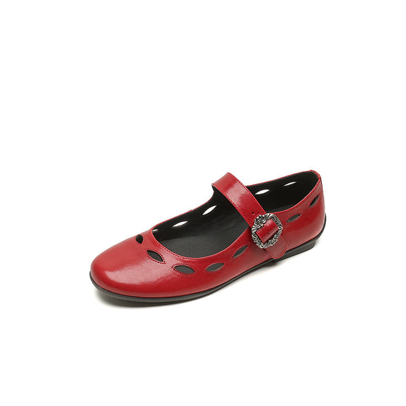 Sheepskin Leather Round Toe Hallow One Straped Soft Flat Shoes